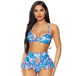 Criss Cross Bikini Top with Peplum Skirt and Bottoms Set - Blueberry